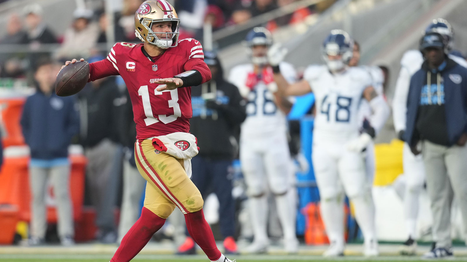 San Francisco 49ers quarterback Brock Purdy (13) throws a pass during the fourth quarter against the Tennessee Titans at Levi's Stadium.