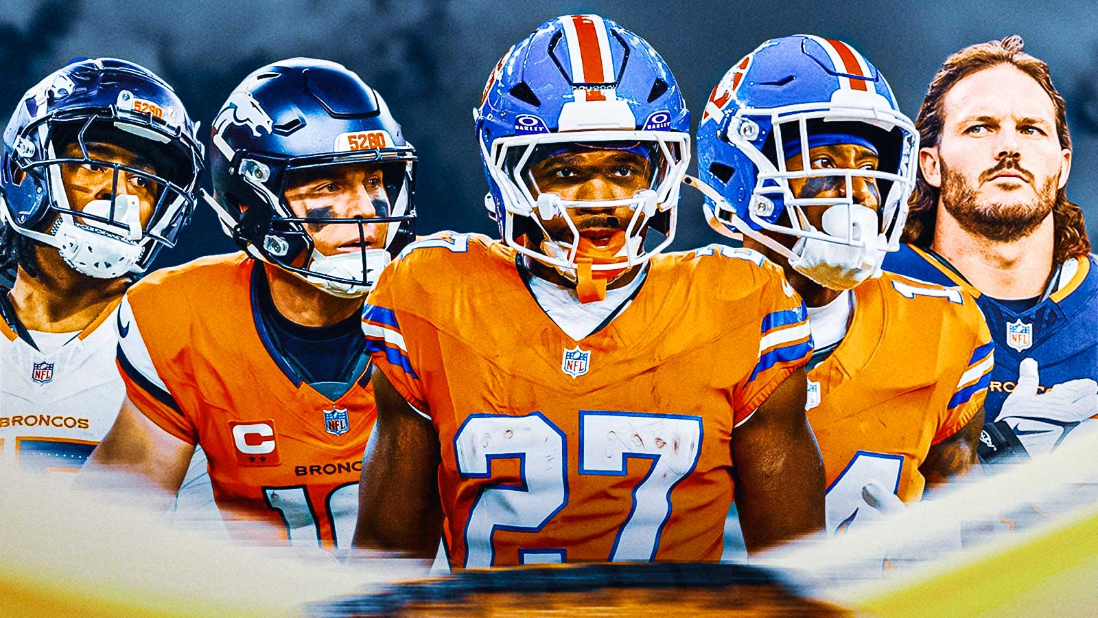 Bo Nix, JK Dobbins, Courtland Sutton, Alex Singleton, Nik Bonitto all beside each other, Blue skies in the background