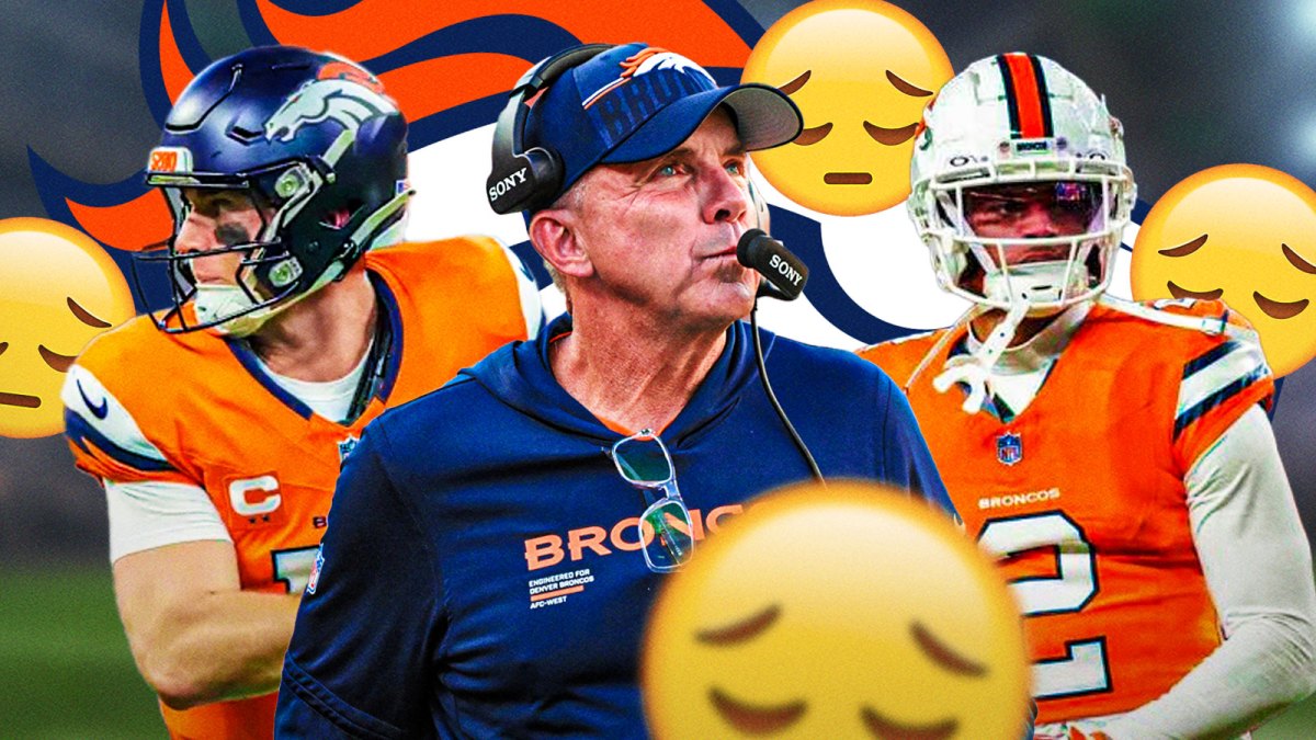 Broncos head coach Sean Payton with QB Bo Nix and CB Pat Surtain II. They are surrounded by sad emojis (😟). There is also a logo for the Denver Broncos.