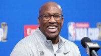 New York Knicks Head Coach Mike Brown at press conference prior to the Emirates NBA Cup Final against the San Antonio Spurs at T-Mobile Arena.