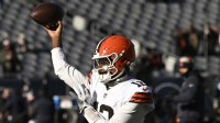 Cleveland Browns quarterback Shedeur Sanders (12) warms up prior to the game against the Chicago Bears at Soldier Field.
