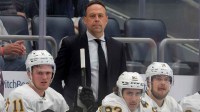 Boston Bruins head coach Marco Sturm coaches against the New York Islanders during the first period at UBS Arena.