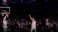 New York Knicks guard Jalen Brunson (11) celebrates his three point shot against the Boston Celtics with guard Josh Hart (3) during the fourth quarter of game six in the second round of the 2025 NBA Playoffs at Madison Square Garden.