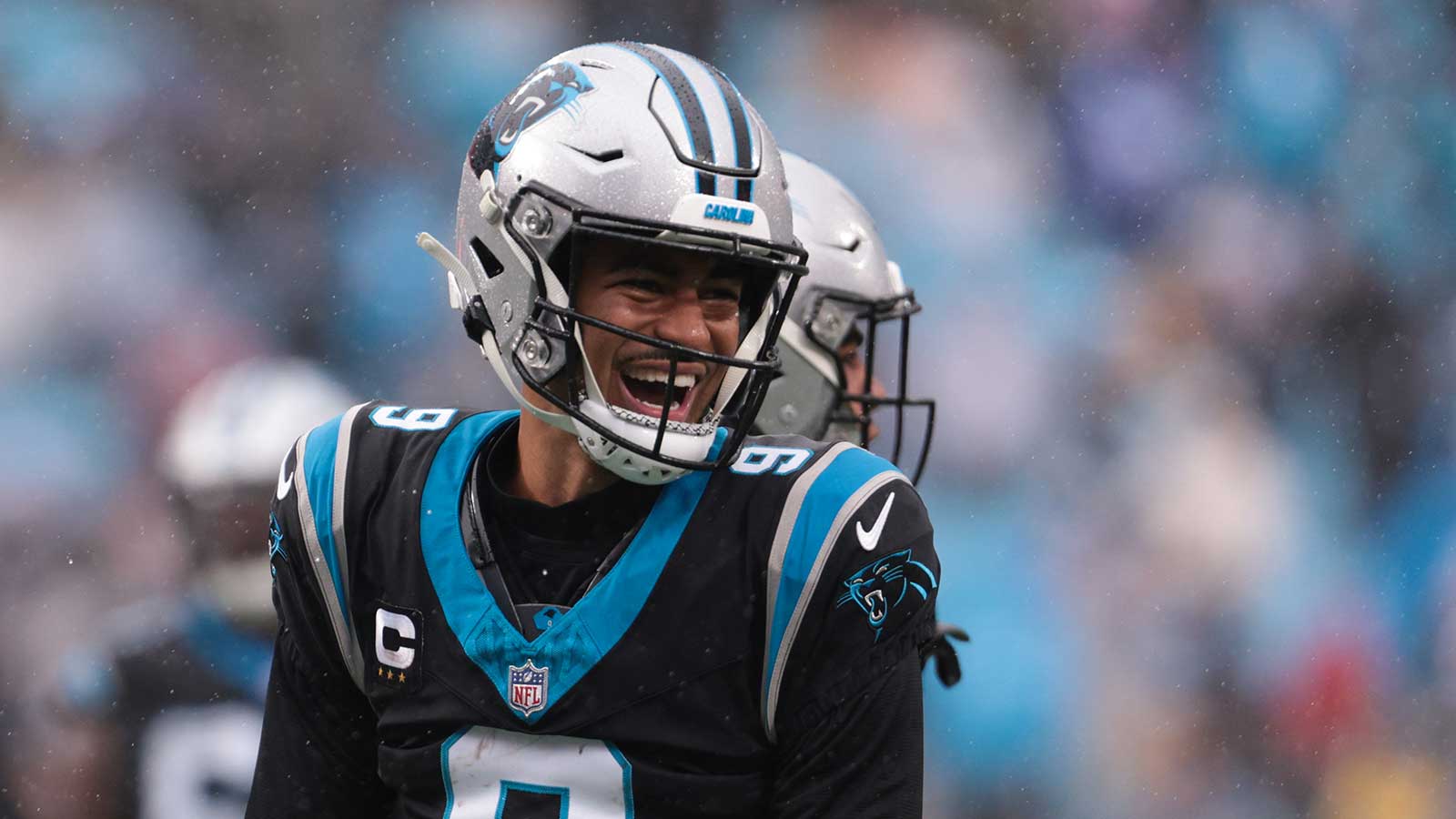 Carolina Panthers quarterback Bryce Young (9) celebrates after a touchdown during the third quarter against the Los Angeles Rams at Bank of America Stadium. 