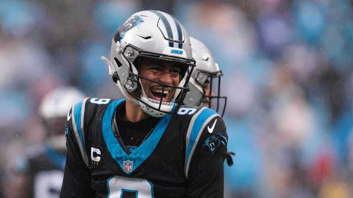 Carolina Panthers quarterback Bryce Young (9) celebrates after a touchdown during the third quarter against the Los Angeles Rams at Bank of America Stadium.