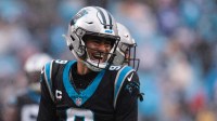 Carolina Panthers quarterback Bryce Young (9) celebrates after a touchdown during the third quarter against the Los Angeles Rams at Bank of America Stadium.