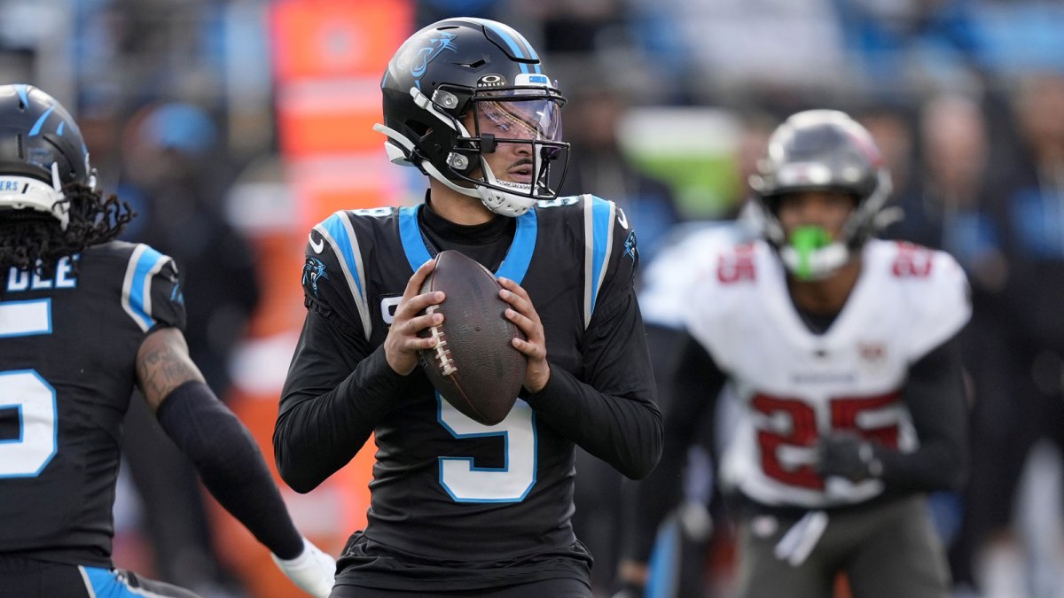 Carolina Panthers quarterback Bryce Young (9) drops to throw during the second half against the Tampa Bay Buccaneers at Bank of America Stadium.