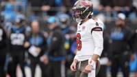 Dec 21, 2025; Charlotte, North Carolina, USA; Tampa Bay Buccaneers quarterback Baker Mayfield (6) during the first half against the Carolina Panthers at Bank of America Stadium. Mandatory Credit: Jim Dedmon-Imagn Images