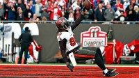 Tampa Bay Buccaneers outside linebacker Jason Pierre-Paul (90) celebrates after a fumble recovery during the second half against the Los Angeles Rams in a NFC Divisional playoff football game at Raymond James Stadium.