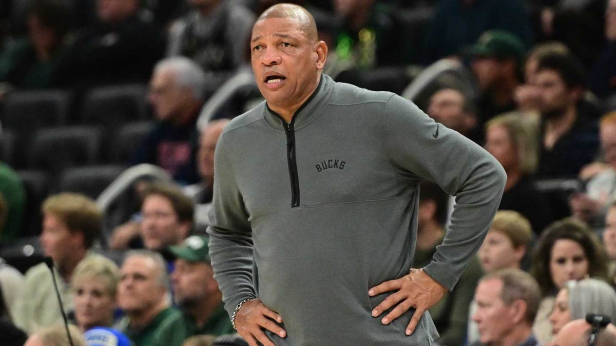 Milwaukee Bucks head coach Doc Rivers looks on in the third quarter against the Brooklyn Nets at Fiserv Forum.
