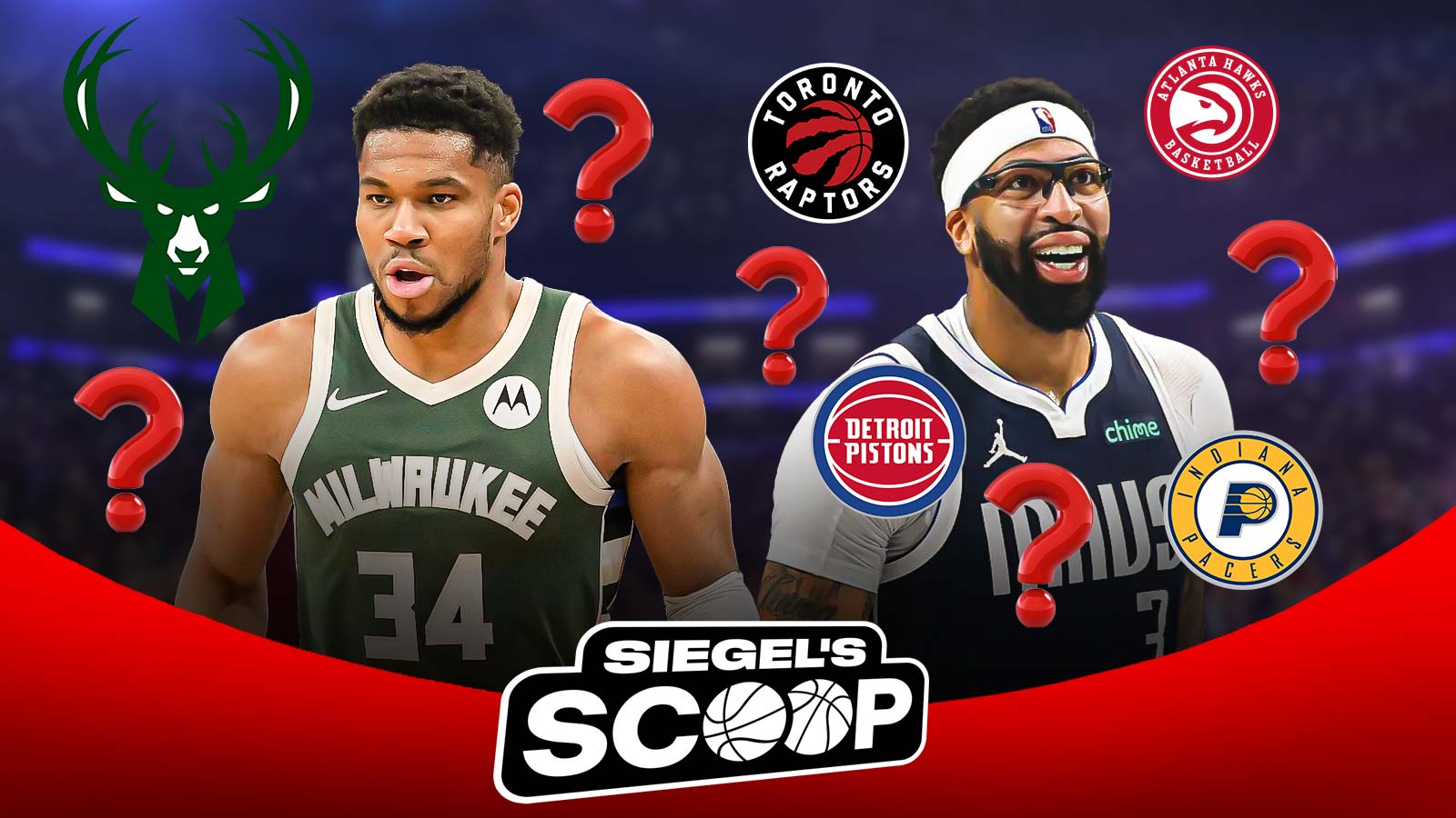 Bucks' Giannis Antetokounmpo next to Anthony Davis with East team logos and question marks - Siegel's Scoop