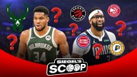 Bucks' Giannis Antetokounmpo next to Anthony Davis with East team logos and question marks - Siegel's Scoop
