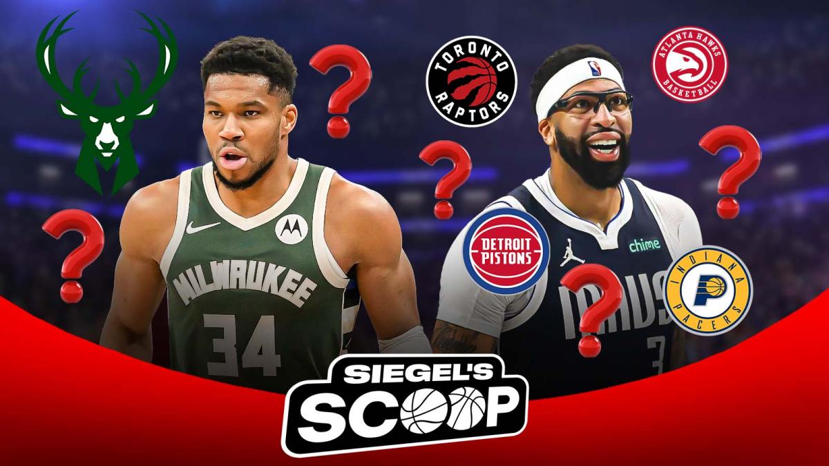 Bucks' Giannis Antetokounmpo next to Anthony Davis with East team logos and question marks - Siegel's Scoop
