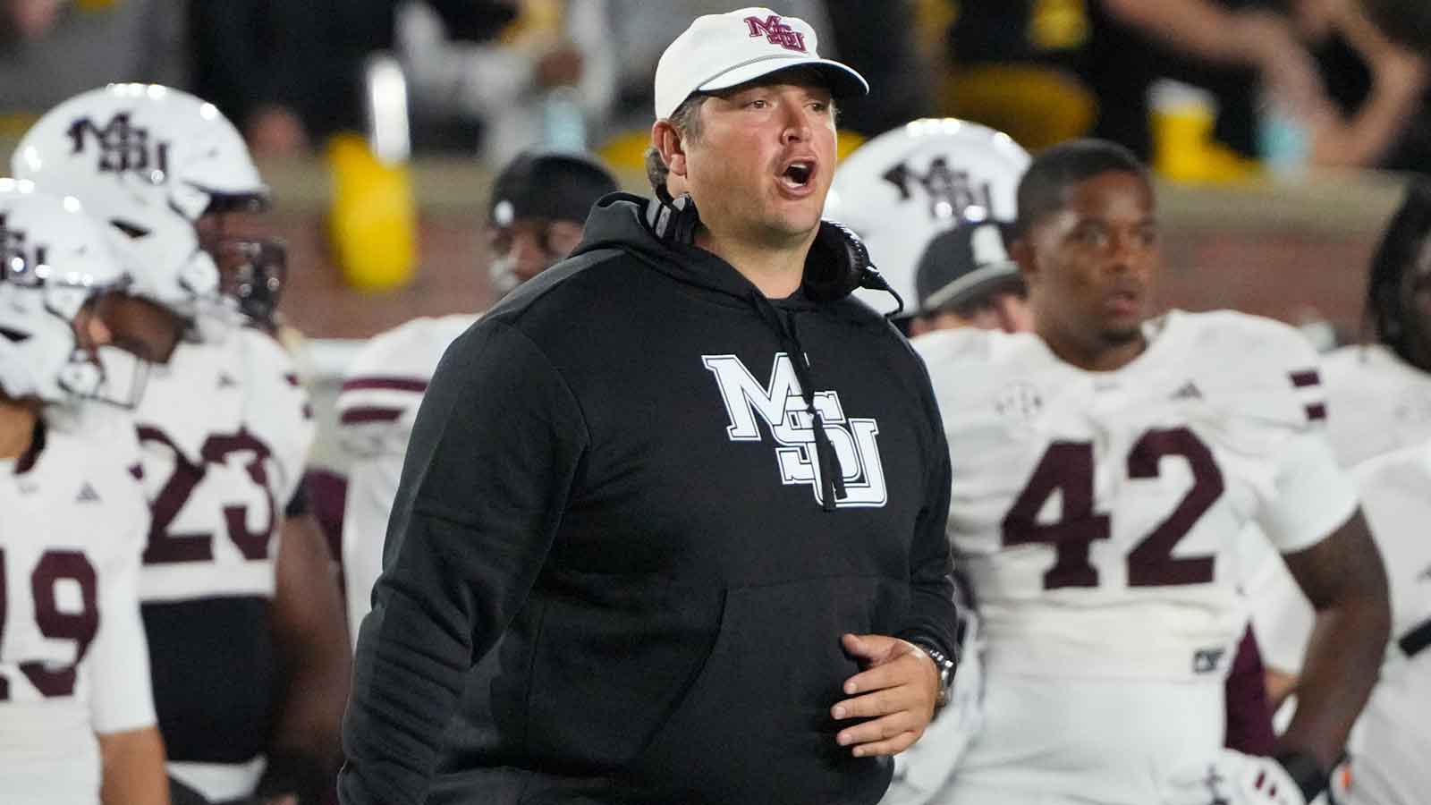Mississippi State Bulldogs head coach Jeff Lebby reacts to play against the Missouri Tigers during the first half of the game at Faurot Field at Memorial Stadium.