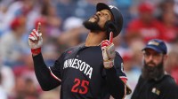 Minnesota Twins outfielder Byron Buxton (25) reacts to his home run during the first inning against the Philadelphia Phillies at Citizens Bank Park.