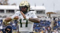 South Florida Bulls quarterback Byrum Brown (17) reacts after scoring a touchdown against the Navy Midshipmen during the second half at Navy-Marine Corps Memorial Stadium. Navy Midshipmen defeated South Florida Bulls 41-28.