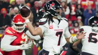 Houston Texans quarterback C.J. Stroud (7) throws a pass during the second quarter against the Kansas City Chiefs at GEHA Field at Arrowhead Stadium.