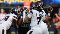 Houston Texans quarterback C.J. Stroud (7) stands in the pocket against the Los Angeles Chargers during the first half at SoFi Stadium.