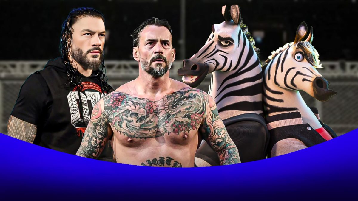 WWE stars Roman Reigns and the Zebros from Zootopia 2 with Survivor Series: WarGames cage in background.