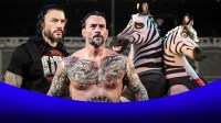 WWE stars Roman Reigns and the Zebros from Zootopia 2 with Survivor Series: WarGames cage in background.