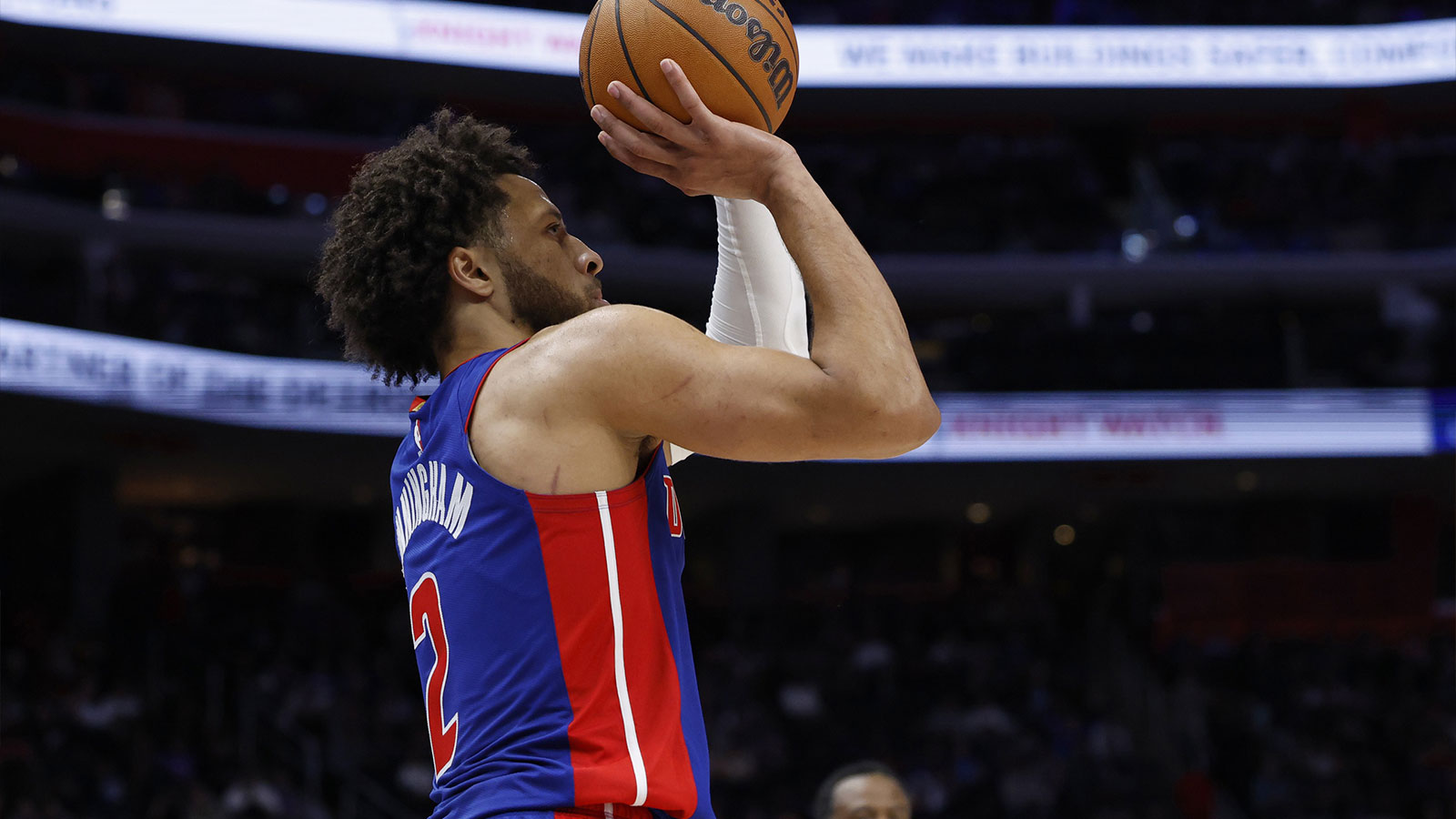 Detroit Pistons guard Cade Cunningham (2) shoots in the second half against the Milwaukee Bucks at Little Caesars Arena.