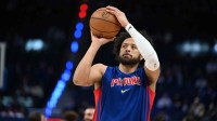 Detroit Pistons guard Cade Cunningham (2) shoots the ball during pregame warmups before their game against the Atlanta Hawks at Little Caesars Arena.