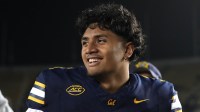 Nov 29, 2025; Berkeley, California, USA; California Golden Bears quarterback Jaron-Keawe Sagapolutele (3) after defeating the Southern Methodist Mustangs at California Memorial Stadium. Mandatory Credit: Darren Yamashita-Imagn Images