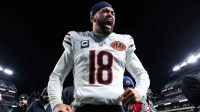 Chicago Bears quarterback Caleb Williams (18) celebrates after the game against the Philadelphia Eagles at Lincoln Financial Field.