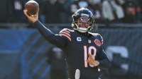 Chicago Bears quarterback Caleb Williams (18) throws a pass during the first quarter against the Cleveland Browns at Soldier Field.