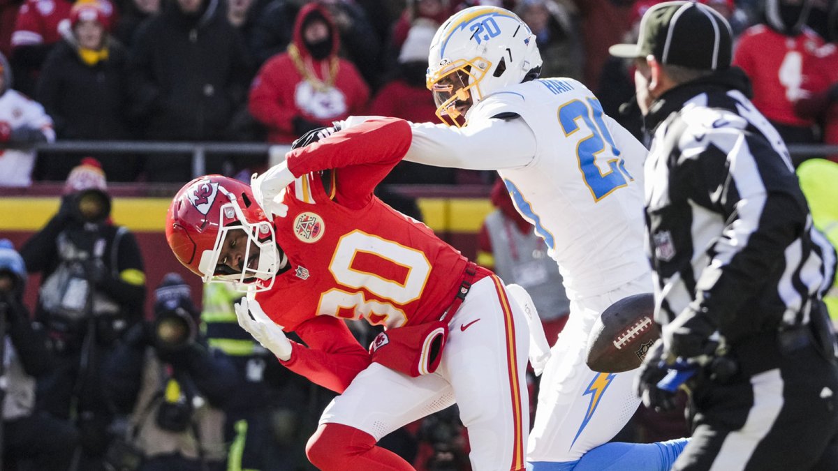 Los Angeles Chargers cornerback Cam Hart (20) breaks up a pass intended for Kansas City Chiefs wide receiver Tyquan Thornton (80) during the second quarter at GEHA Field at Arrowhead Stadium.