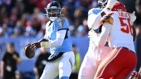 Tennessee Titans quarterback Cam Ward (1) drops to throw during the first half against the Kansas City Chiefs at Nissan Stadium.