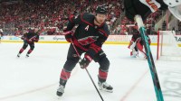 Carolina Hurricanes defenseman Jaccob Slavin (74) watches the play against the Philadelphia Flyers during the second period at Lenovo Center.