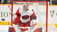 Carolina Hurricanes goaltender Pyotr Kochetkov (52) stops the puck against the Nashville Predators during the third period at Bridgestone Arena.