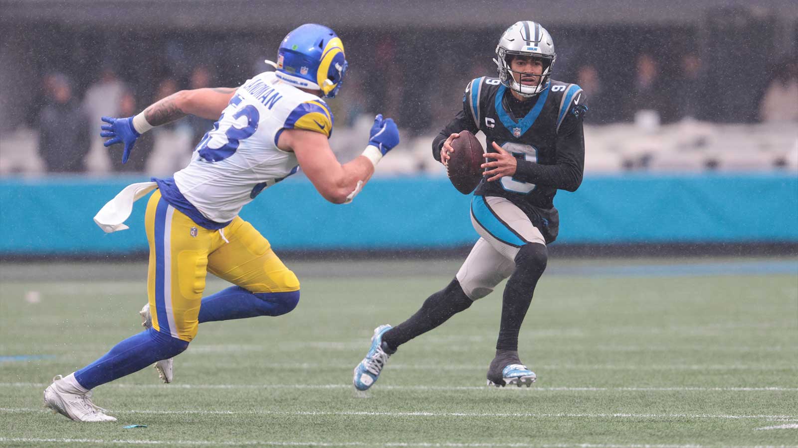 Carolina Panthers quarterback Bryce Young (9) looks to pass
