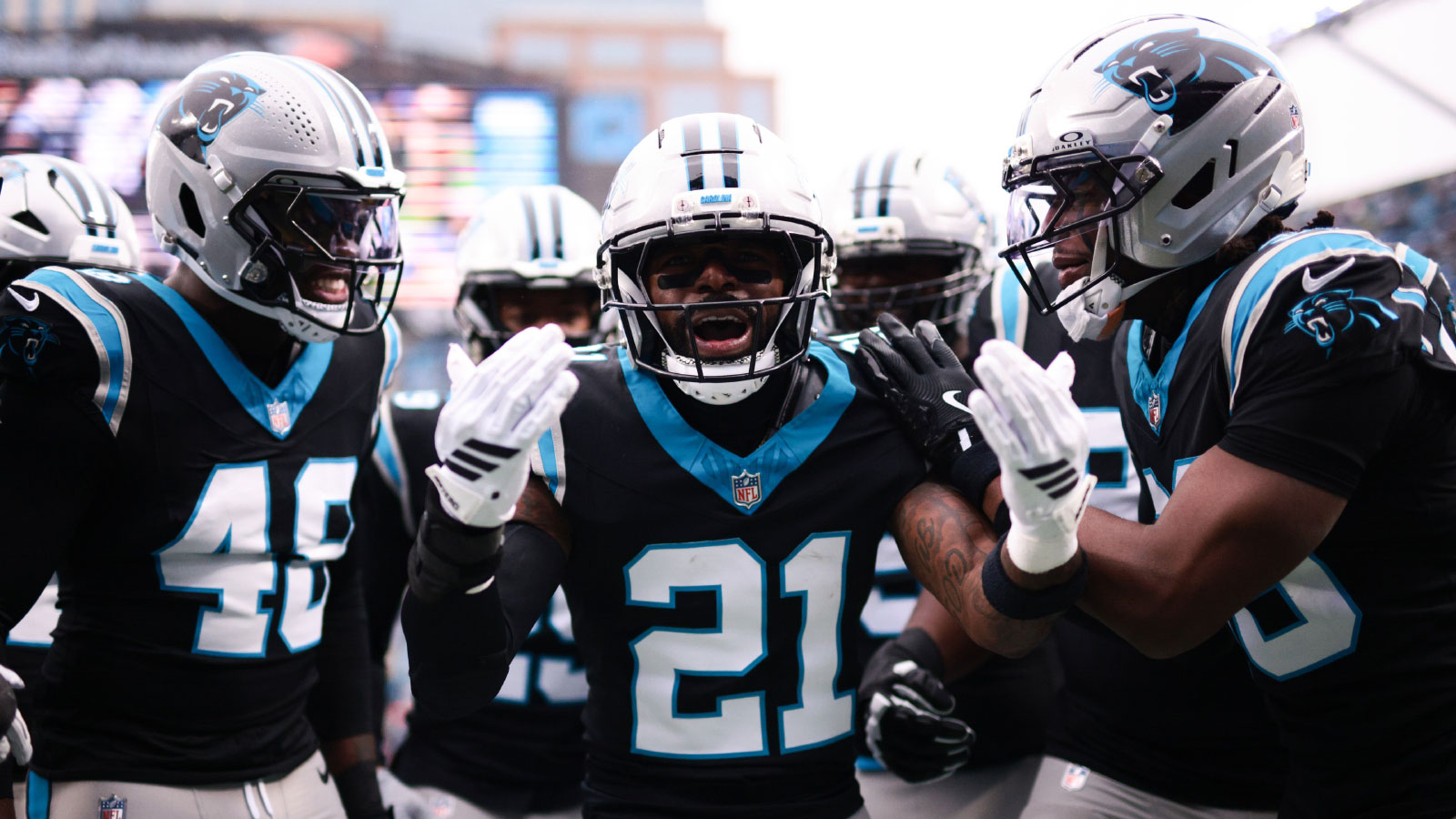 Carolina Panthers safety Nick Scott (21) celebrates a defensive touchdown scored by Carolina Panthers