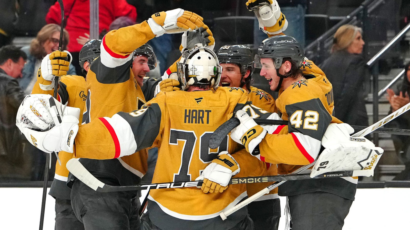 Vegas Golden Knights goaltender Carter Hart (79) celebrates with team mates after the Golden Knights defeated the Chicago Blackhawks 4-3 in a shoot out at T-Mobile Arena.