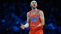 Oklahoma City Thunder guard Alex Caruso (9) reacts in the games closing seconds against the San Antonio Spurs during the fourth quarter at T-Mobile Arena