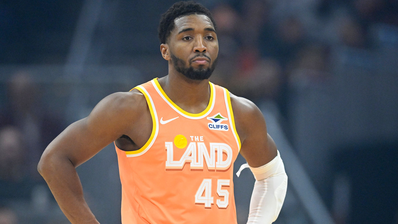 Cleveland Cavaliers guard Donovan Mitchell (45) stands on the court in the first quarter against the Charlotte Hornets at Rocket Arena.