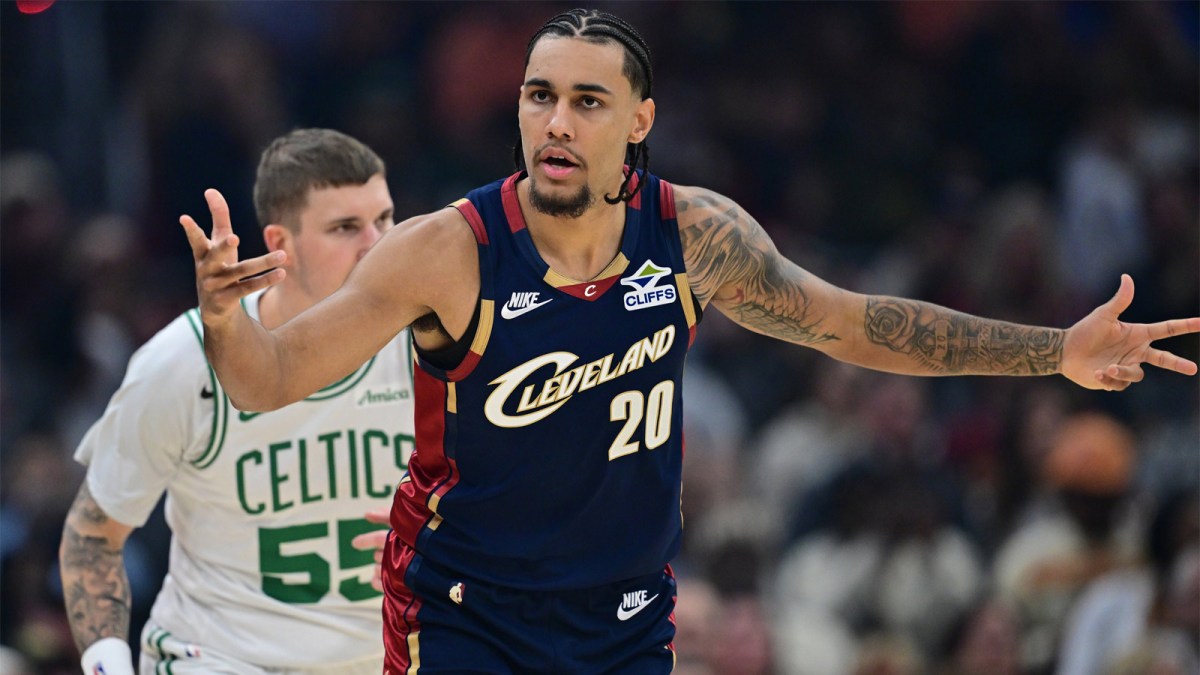 Cleveland Cavaliers guard Jaylon Tyson (20) celebrate after hitting a three point shot during the first half against the Boston Celtics at Rocket Arena.