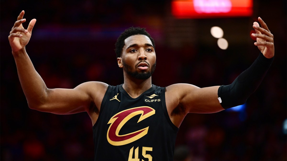 Cleveland Cavaliers guard Donovan Mitchell (45) reacts after a basket against the Indiana Pacers during the second half at Rocket Arena.