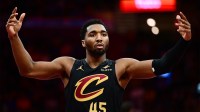 Cleveland Cavaliers guard Donovan Mitchell (45) reacts after a basket against the Indiana Pacers during the second half at Rocket Arena.
