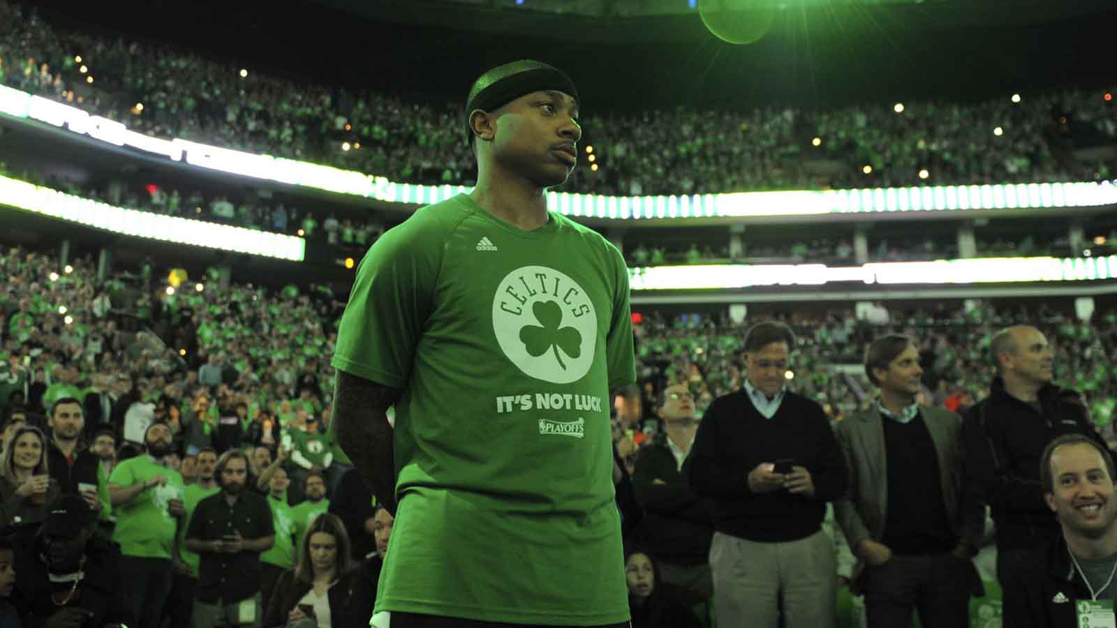 Celtics guard Isaiah Thomas (4) looks on during player introductions prior to game seven of the second round of the 2017 NBA Playoffs against the Washington Wizards at TD Garden