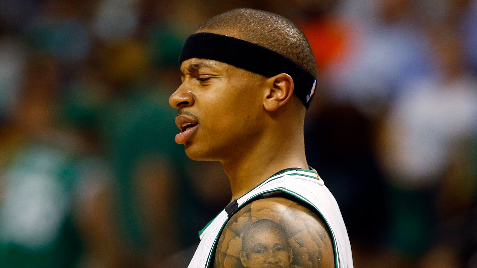 Celtics guard Isaiah Thomas (4) reacts during the first half against the Cleveland Cavaliers in game two of the Eastern conference finals of the NBA Playoffs at TD Garden