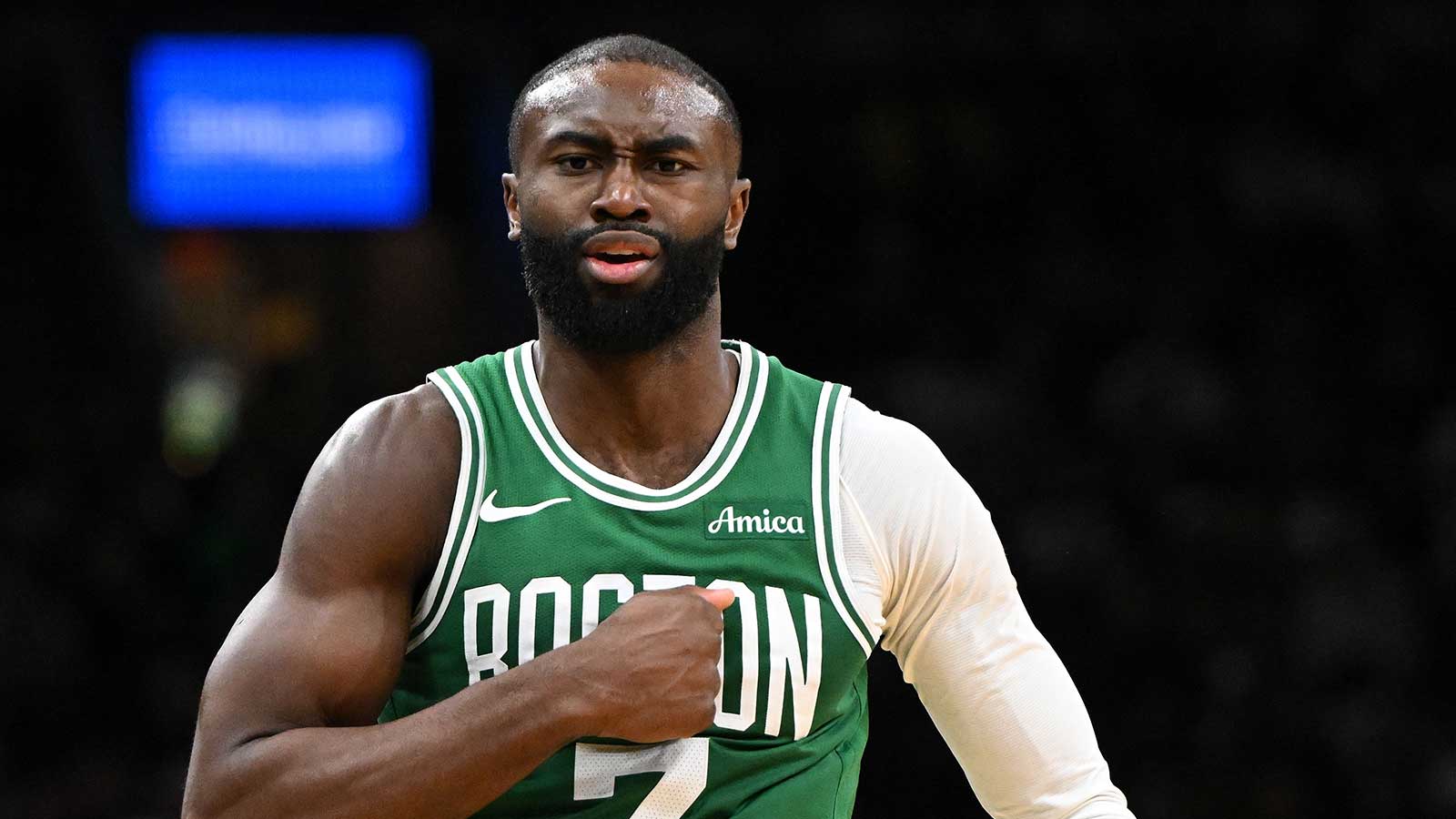 Boston Celtics guard Jaylen Brown (7) reacts after scoring against the New York Knicks during the second half at the TD Garden.