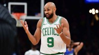 Boston Celtics guard Derrick White (9) reacts towards the official after a play during the second half against the Orlando Magic at TD Garden.