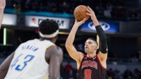 Nov 29, 2025; Indianapolis, Indiana, USA; Chicago Bulls center Nikola Vucevic (9) looks to shoot the ball against Indiana Pacers forward Pascal Siakam (43) during the first half at Gainbridge Fieldhouse. Mandatory Credit: Trevor Ruszkowski-Imagn Images