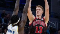 Nov 29, 2025; Indianapolis, Indiana, USA; Chicago Bulls guard Kevin Huerter (13) shoots the ball against Indiana Pacers forward Pascal Siakam (43) during the first half at Gainbridge Fieldhouse. Mandatory Credit: Trevor Ruszkowski-Imagn Images