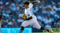 San Diego Padres relief pitcher Robert Suarez (75) throws a pitch during the ninth inning against the Baltimore Orioles at Petco Park.
