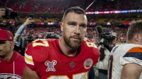 Kansas City Chiefs tight end Travis Kelce (87) after the game at GEHA Field at Arrowhead Stadium.