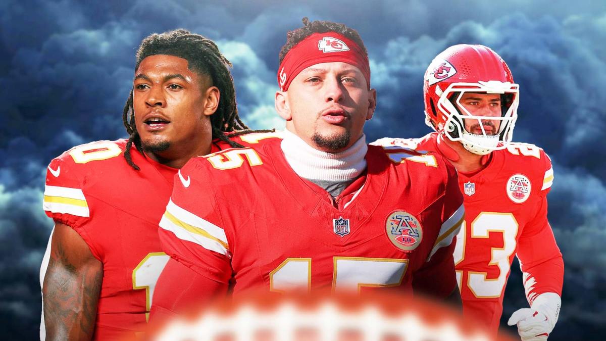 Patrick Mahomes, Isiah Pacheco, Drue Tranquill, Dark clouds in the background